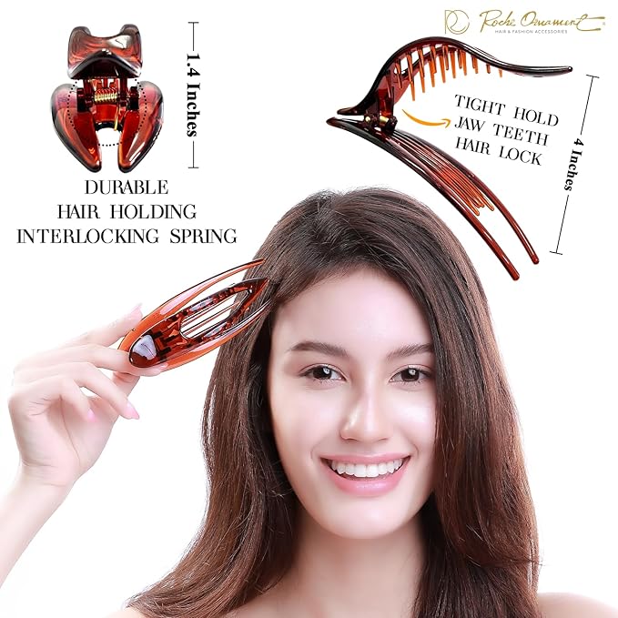 RC ROCHE 6 Pcs Flat Hair Clips Big Claw for Thick Hair French Duckbill Women No Slip Side Slide Curved Alligator Concord Strong Grip Hold Volume Lay Down Clamp, Large Brown