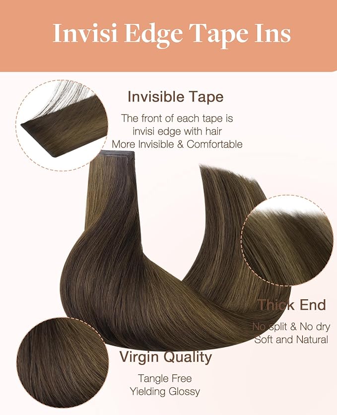 GOO GOO Invisi Edge Tape in Hair Extensions Human Hair, 2C/4E/6C Brown Sugar Swirl Highlights 10pcs injected with 10pcs classical tape ins, 24inch 50g, Virgin Remy Hair, Natural Look