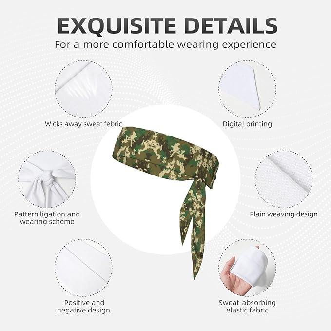 Boys Girls Green Camo Army Camouflage Sports Sweatband Multi Style Beauty Skinny Hair Band Headdress for Yoga Travel Spa