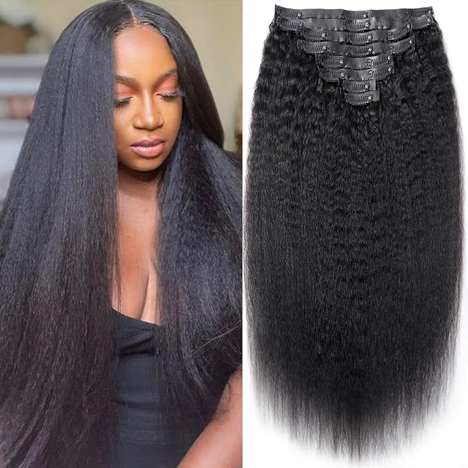 Seamless Kinky Straight Clip Ins Hair Extension Real Human Hair 18 Inch PU Kinky Straight Clip In Hair Extensions Human 8 Pcs/120g(18inch,Natural Black)
