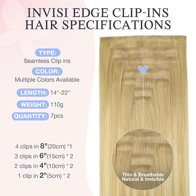 DOORES Clip in Hair Extensions Real Human Hair 16 inch 110g 7pcs Invisible Human Hair Extensions Clip ins, Injected Seamless PU Clipins Invisi Edge, 18A/60 Drity Blonde Mixed Platinum Blonde