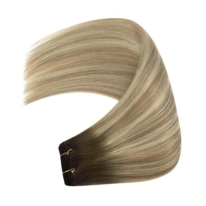YoungSee Weft Hair Extensions Ombre Sew in Hair Extensions Walnut Brown Ombre Light Brown with Blonde Hair Extensions Weft Real Human Hair Bundle One Piece for Women 14Inch 100G