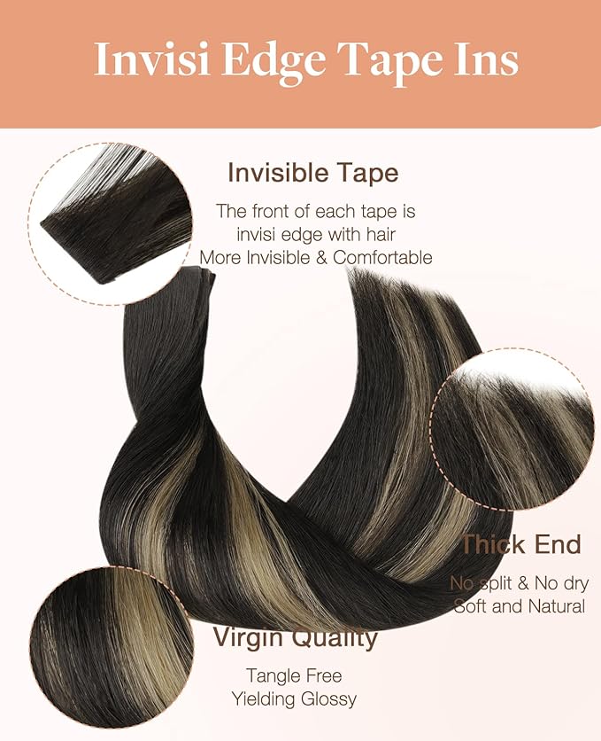 GOO GOO Invisi Edge Tape in Hair Extensions Human Hair, 1B/19/1B Natural Black to Light Blonde 10pcs injected with 10pcs classical tape ins, 16inch 50g, Virgin Remy Hair, Natural Look