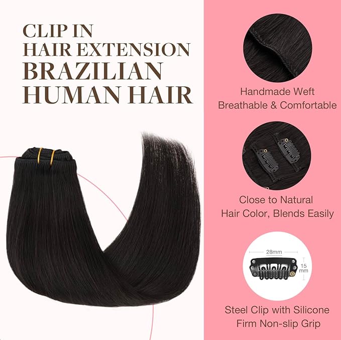 GOO GOO Clip in Hair Extensions Real Human Hair, Remy Human Hair Extensions Clip ins for Women, Natural Human Hair, 18inch 70g 2Pcs, #1B Natural Black