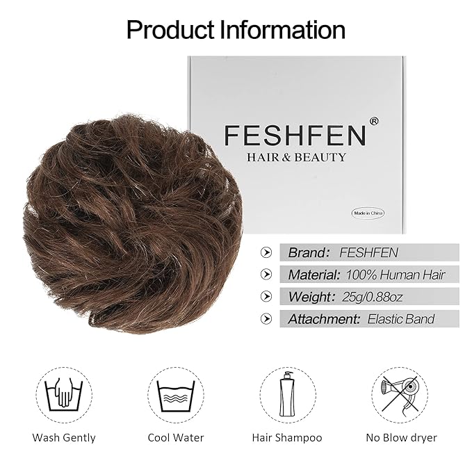 FESHFEN Human Messy Buns - 100% Human Hair Bun Real Scrunchies Hair Pieces Ponytail Extensions Wavy Tousled Updo Chignon Hairpieces for Women, Medium Chestnut Brown