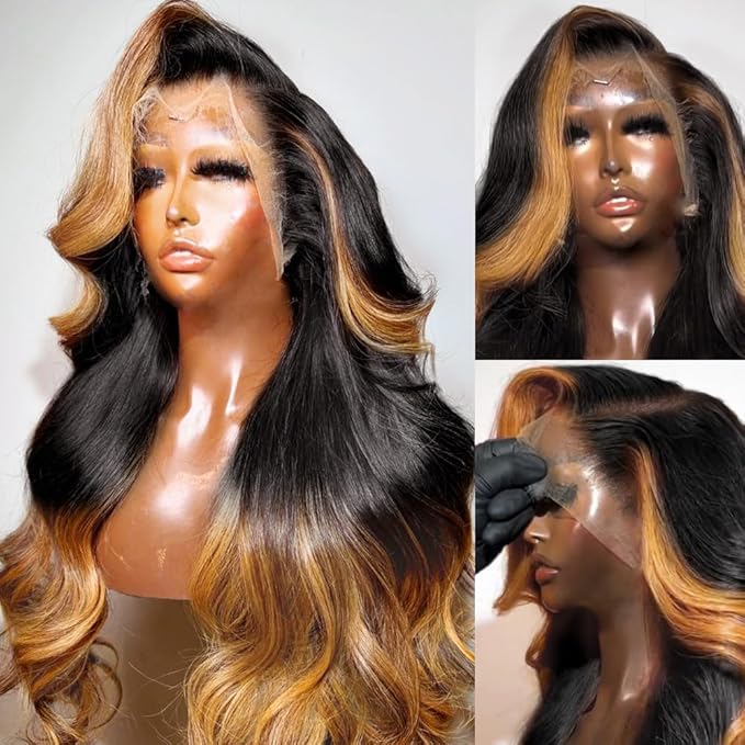 250% Density 13x6 Lace Front Wigs Human Hair Pre Plucked Body Wave HD Transparent Ombre Lace Front Wigs Glueless Wigs Human Hair 13x6 Balayage Wigs Human Hair Wigs 1B30 For Women 28inch