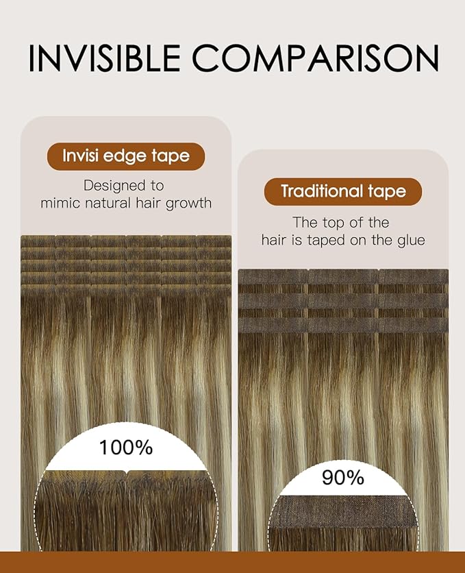 VINBAO Invisi Edge Tape in Human Hair Extensions Balayage Darker Brown Fading to Ash Brown Highlights Blonde 60g 20pcs Injection Tape in Hair Extensions 22inch #3/8/22