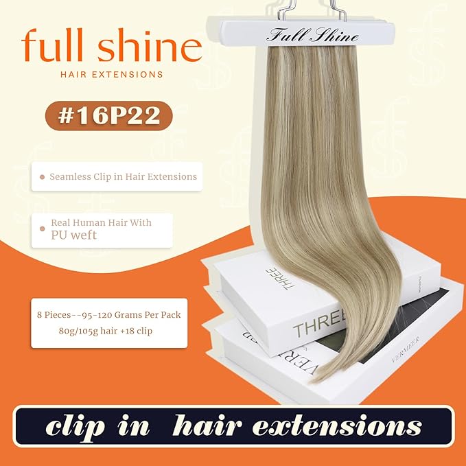 Full Shine 12 Inch Clip in Hair Extensions Real Human Hair Dark Ash Blonde Mix with Light Blonde Seamless Hair Extensions Clip in for Short Hair 8 PCS 95 G