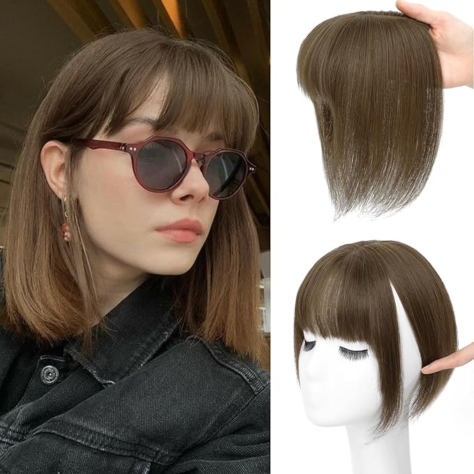 NAYOO Hair Toppers for Women Real Human Hair, 360° Cover Clips in Full Fringe Fake Bangs Hair Pieces for Women Girls Daily Wear(Brown)