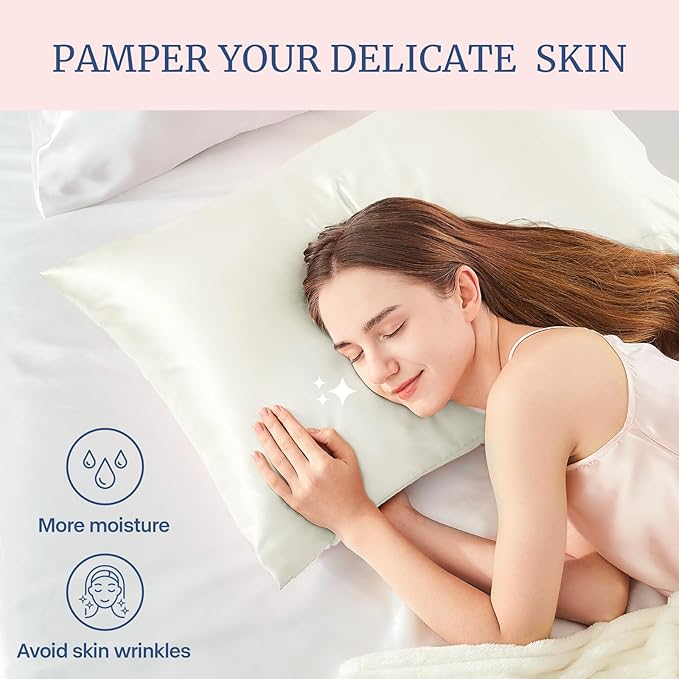 BEDELITE Satin Pillowcase for Hair and Skin, Super Soft and Cooling Similar to Silk Pillow Cases 2 Pack with Envelope Closure, Gift for Women Men(20"x26" Standard Size, Ivory)