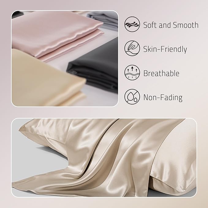 Mulberry Silk Pillowcases Set of 2, Both Sides Real Silk Pillow Covers for Hair and Skin Cool Pillowcase Organic Silk Pillowcase 2 Pack with Hidden Zipper, Champagne, King (20"×36")