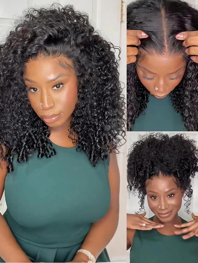 Julia Hair 7x5 Lace Water Curly Texture Wig With Finger Coil Ends Glueless Wigs Human Hair Put On and Go Invisible Lace Pre Plucked Pre Cut Bleached Knots Natural Hairline 20 Inch
