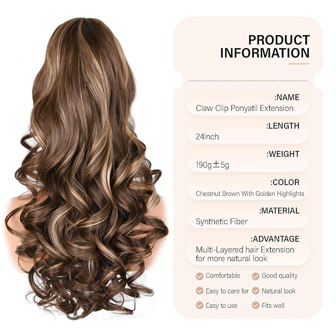 24 Inch Ponytail Extension, Clip on Ponytails for Women, Long Curly Wavy Ponytail Extensions for Women, Synthetic Layered Pony Tails Hair Extensions (Color: Chestnut Brown With Golden Highlights)