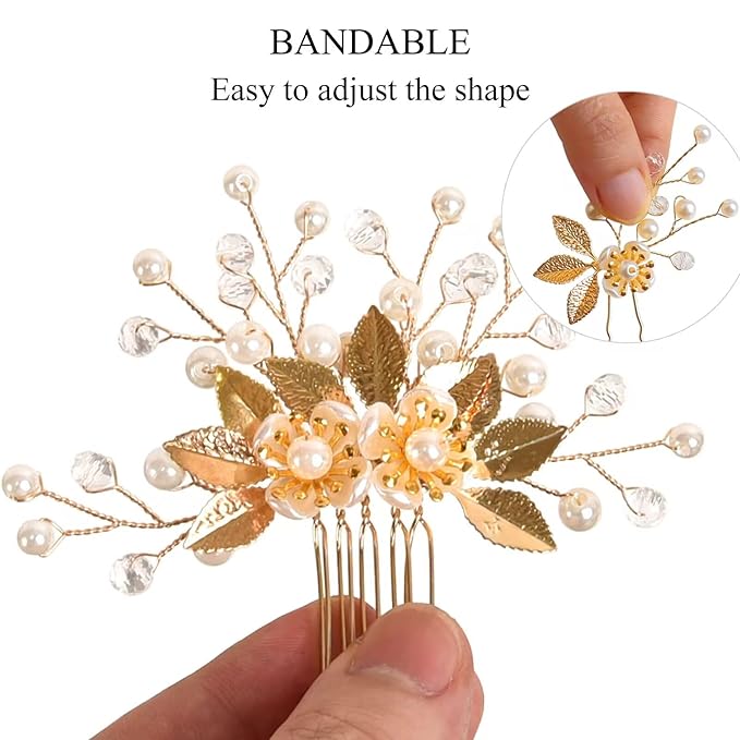 Wedding Hair Pins - Elegant Pearl Leaf Crystal Hair Accessories for Bridal Women (Silver)