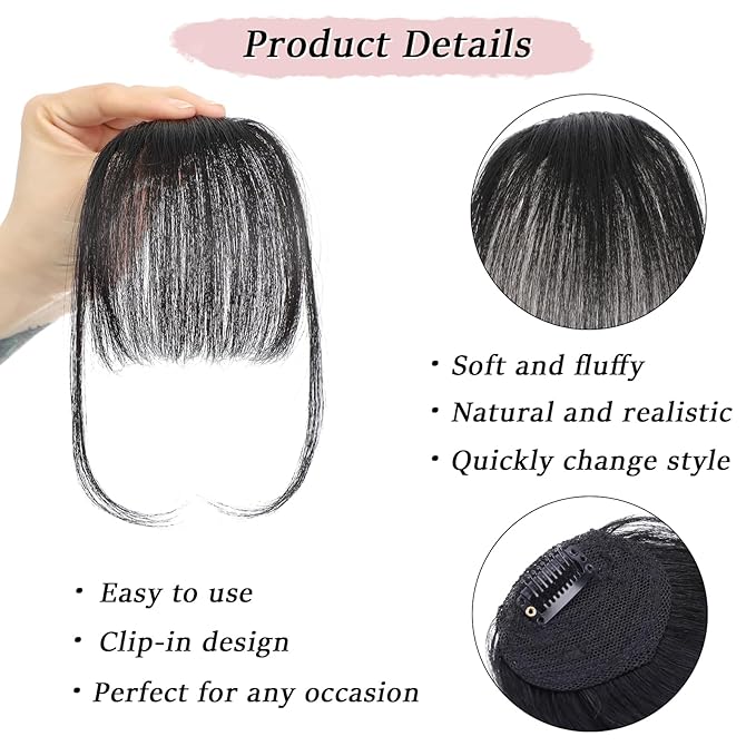 Clip in Bangs Real Human Hair Natural Black Wispy Bangs Fake Bangs with Fringe Clip on Bangs Curved Bangs Hairpieces for Women Daily Wear