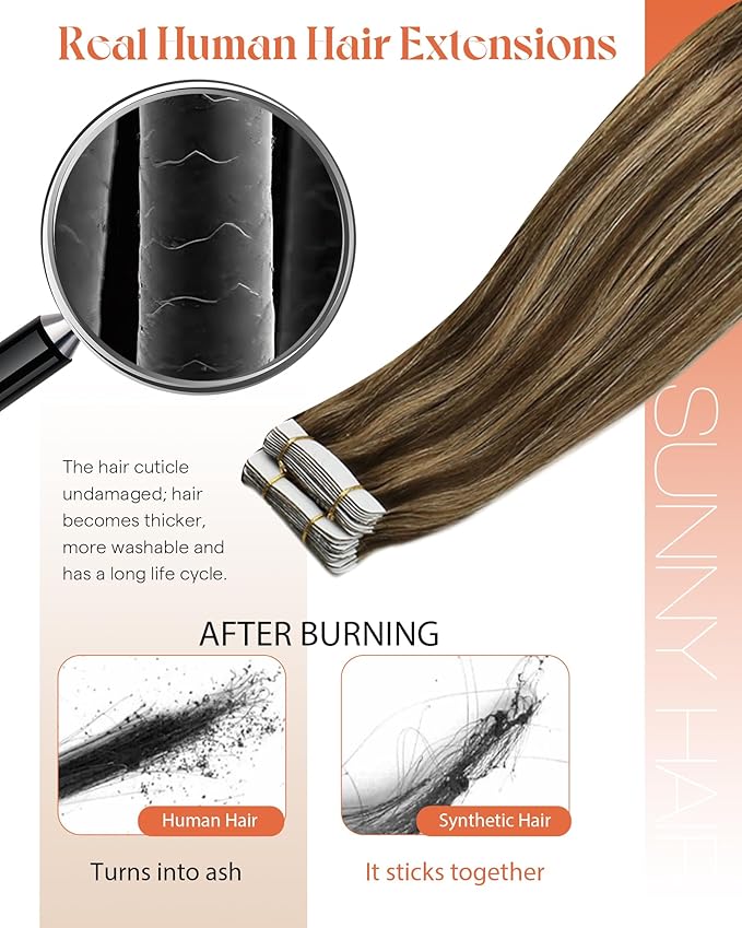 Sunny Hair Tape in Hair Extensions Real Human Hair Invisible Remy Hair Extensions Tape ins for Women Dark Brown Highlight Caramel Blonde 14 inch 20Pcs 50G