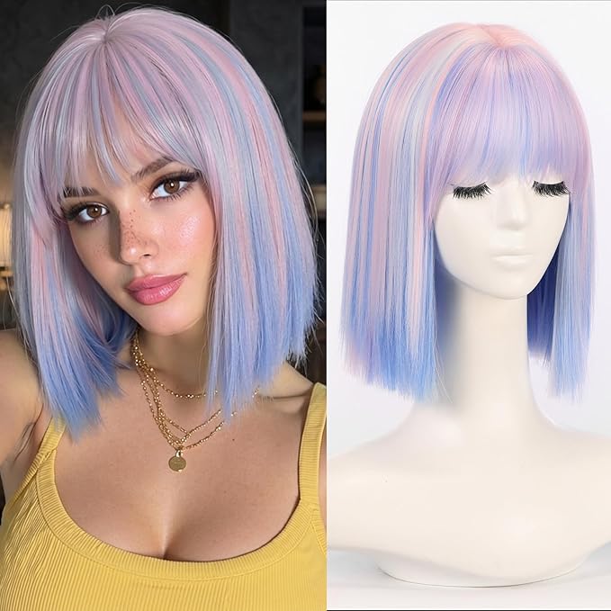 Allbell Colorful Rainbow Wigs for Women Short Bob with Bangs Heat Resistant Synthetic Hair 12 inch for Daily Party Halloween Costume Use