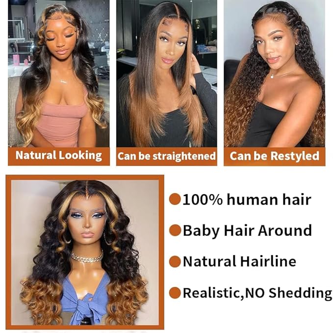 200% Density 13x6 Lace Front Wigs Human Hair Pre Plucked Body Wave HD Transparent Ombre Lace Front Wigs Glueless Wigs Human Hair 13x6 Balayage Wigs Human Hair Wigs For Women 30 Inch
