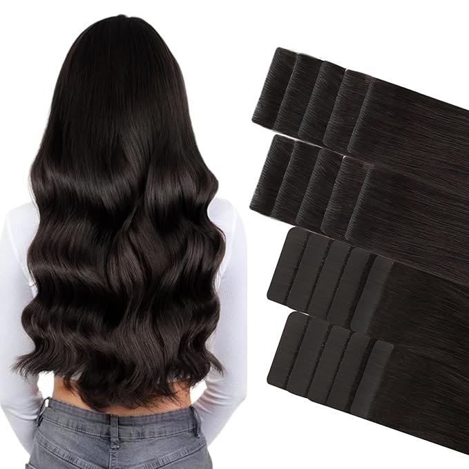 GOO GOO Invisi Edge Tape in Hair Extensions Human Hair, 2 Dark Brown 10pcs injected with 10pcs classical tape ins, 24inch 50g, Virgin Remy Hair, Natural Look