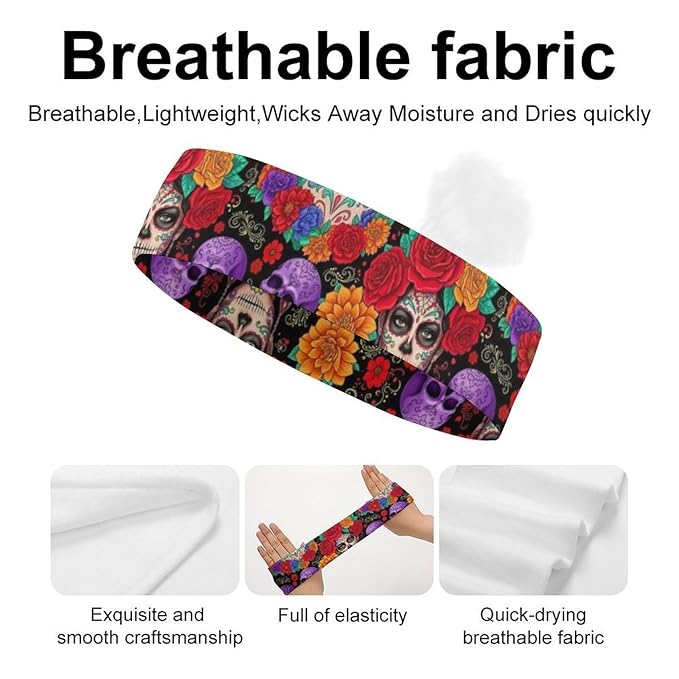 Headbands Men & Women Mexican Rose Sugar Skull Floral Women Day of The Dead Art Sweat Bands for Tennis, Basketball, Running, Gym, Working
