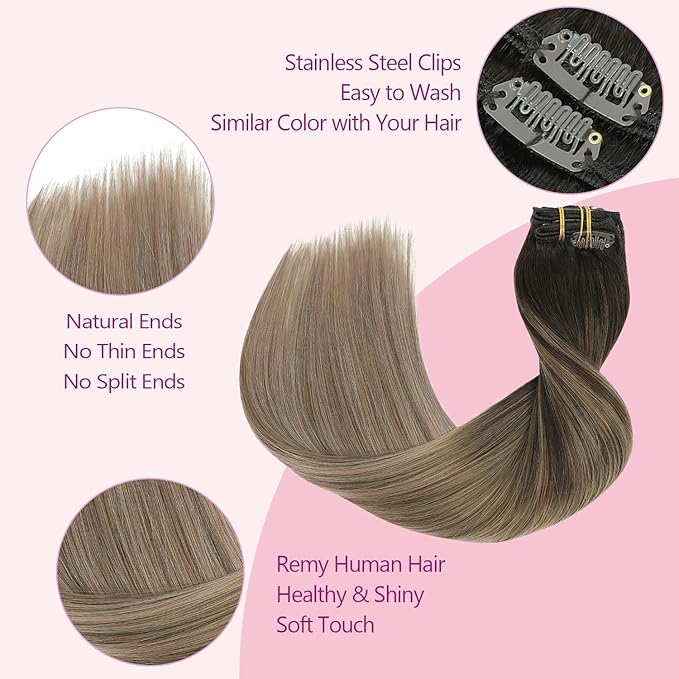 PINKPEARL Clip in Hair Extensions Real Human Hair #2/6/18 Balayage Dark Brown to Chestnut Brown and Ash Blonde 7pcs 120g 22inch Ombre Remy Human Hair Extensios Clip ins(#2/6/18-22)