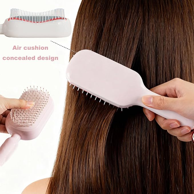 Retractable Cushion Massage Comb for Wet & Dry Hair, Anti-Static Self Cleaning Hair Brush for All Hair Types, Soft Bristles, Easy Eliminates Knots, Detangling Hairbrush for Women Men (White)