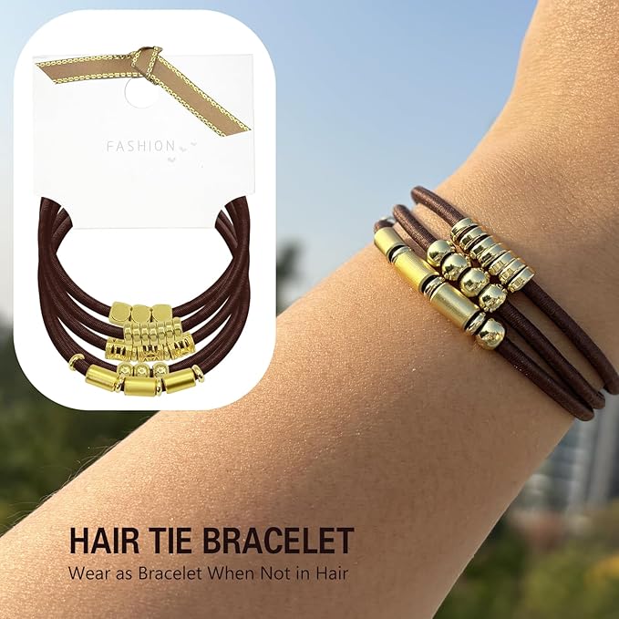Brown Bracelet Hair Ties for Women, 5 Pack Cute 3mm Thick Elastic Ponytail Holders Accessories No Damage Stretchy Beaded Pony Tails Hair Ties with Gold Metal Charms Beads