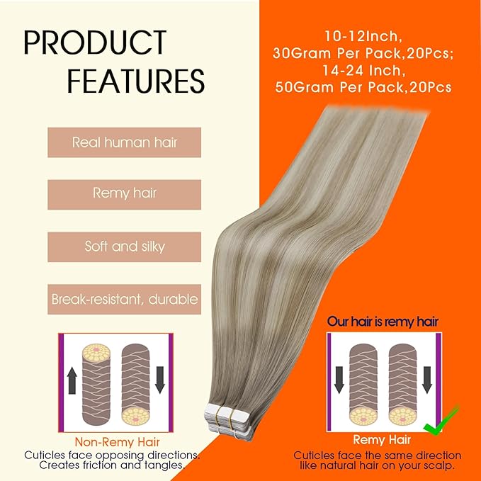 Full Shine Tape in Hair Extensions 18Inch Tape in Extensions Human Hair Color 19/8/60 Seamless Skin Weft Remy Extension Real Human Hair for Women Grey And Blonde 50G Straight for Wedding 20Pcs
