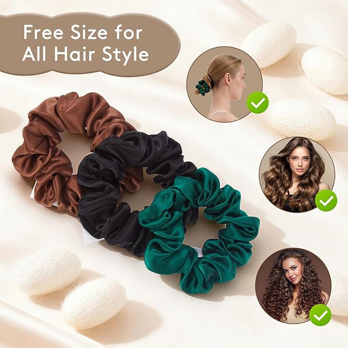 3 Pcs Silk Hair Ties, 22 Momme 100% Mulberry Hair Band, Silk Scrunchies for Women and Girls, 6A Grade No Damage Ponytail Holders (1.2in Width, Black Brown Dark Green)