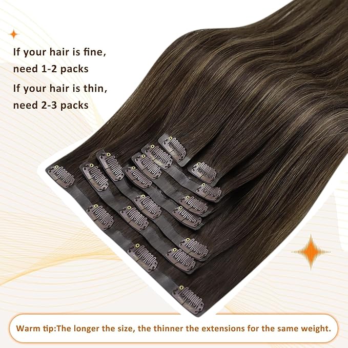 Full Shine Seamless Clip in Hair Extensions 22 Inch Dark Brown Balayage to Light Brown with Caramel Blonde Real Human Hair Straight Hair for Long 8 PCS 120 G