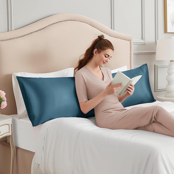 INFIIXSO Body Pillow Cover with Zipper, Luxury Mulberry Silk Body Pillow Case 20x54 Inches, Ultra Smooth and Soft Cooling Long Pillowcase, Gift for Women, Men(Bluesteel)