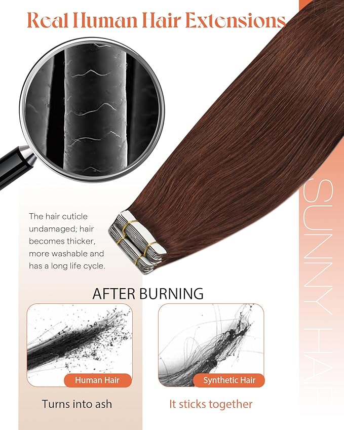 Sunny Hair Tape in Hair Extensions Human Hair, 12inch 40Pcs Auburn Brown Human Hair Tape in Extensions Remy Invisible Tape ins Human Hair Extensions Straight