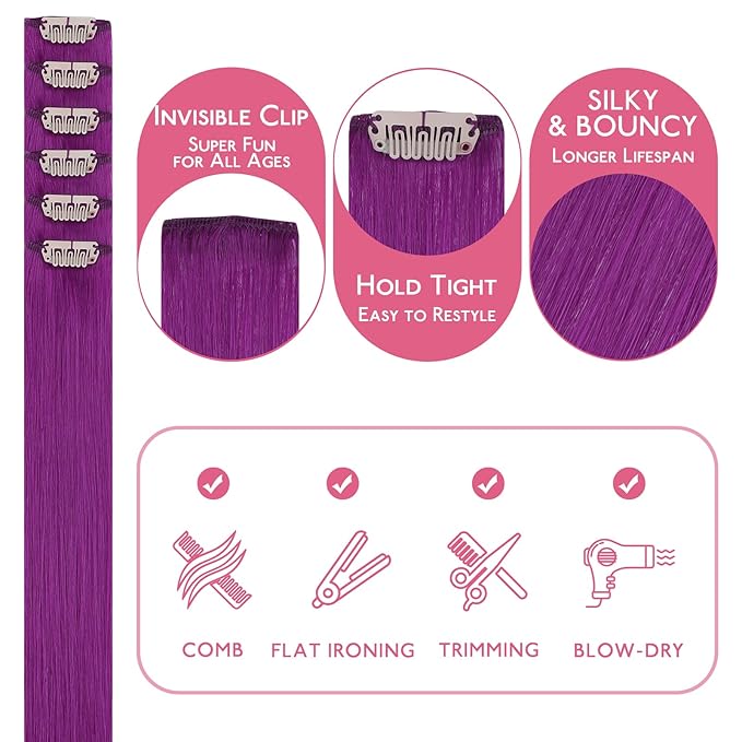 WENNALIFE Purple Clip in Hair Extensions Real Human Hair 35g 6pcs 24 Inch Colored Hair Extensions for Kids Women Colorful Hair Pieces Pop-up Style Straight Extensiones De Cabello Humano Con Clip