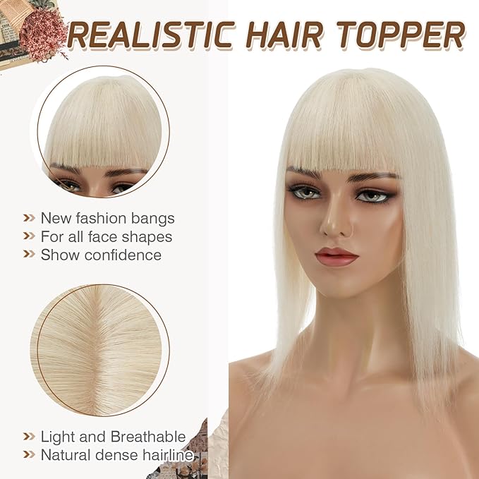 Rich Choices Real Human Hair Toppers for Women With Bang 100% Remy Human Hair Topper for Thinning Hair Clip in Silk Base Hair Topper 16 Inch #60 Platinum Blonde