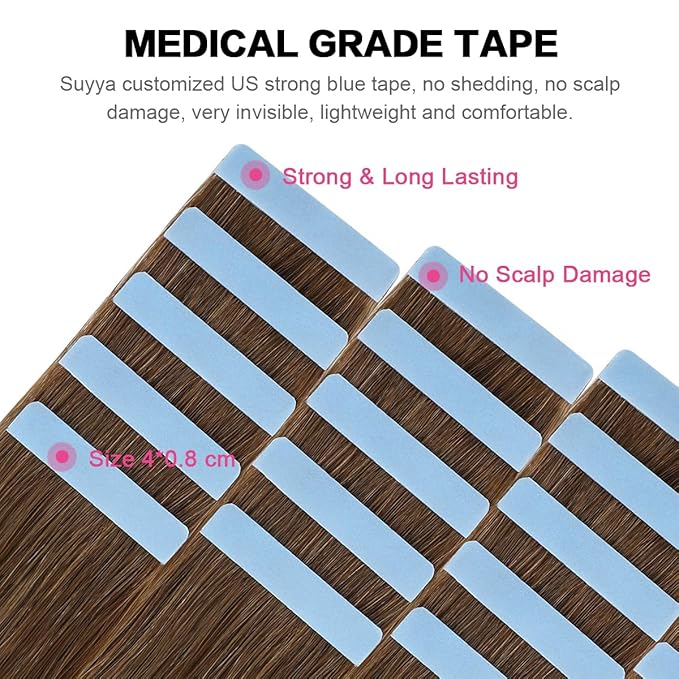 SUYYA Tape in Hair Extensions Human Hair Chestnut Brown 100% Remy Human Hair 50g/pack 20pcs Straight Seamless Skin Weft Tape Hair Extensions(22 inches #6 Medium Brown)