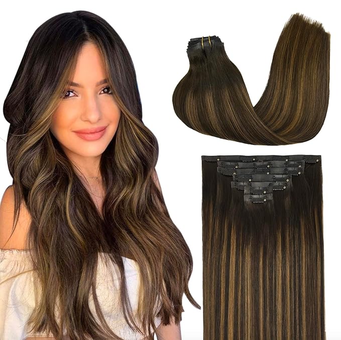 GOO GOO Clip in Hair Extensions Real Human Hair, Remy Human Hair Extensions Clip ins for Women, Natural Human Hair, 12inch 85g 7Pcs, #2/6/2 Balayage Dark Brown to Chestnut Brown