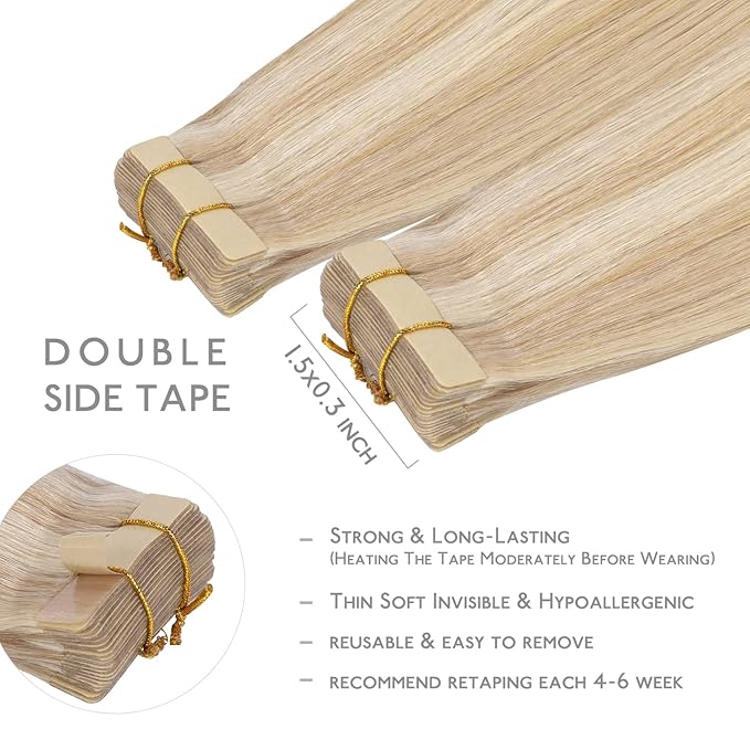 WENNALIFE Tape in Hair Extensions Human Hair, 20pcs 50g 20 inch Dirty Blonde Highlighted Bleach Blonde Remy Hair Extensions Straight Human Hair Tape in Extensions Skin Weft Extensions Hair