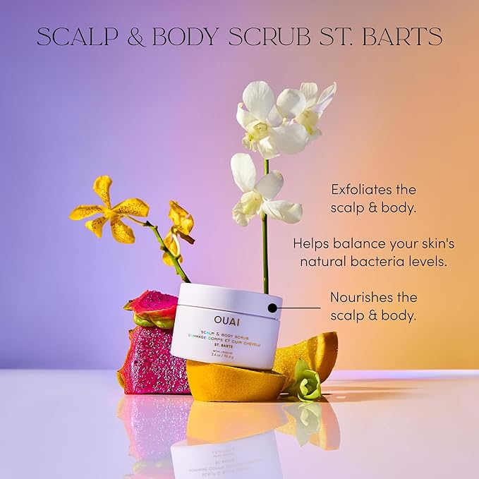 OUAI Scalp & Body Scrub, St. Barts Travel Size - Exfoliating Body Scrub with Sugar & Coconut Oil Blend for Smooth, Moisturized Skin - Gentle Scalp Exfoliator for Removing Product Build Up (3.4 oz)