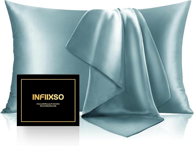 INFIIXSO Silk Pillow Cases 2 Pack Standard Size, Ultra Smooth & Soft Mulberry Silk Pillow Case for Hair and Skin, Breathable Cooling Silk Pillowcase with Hidden Zipper (Haze Blue, 20x26 Inches)