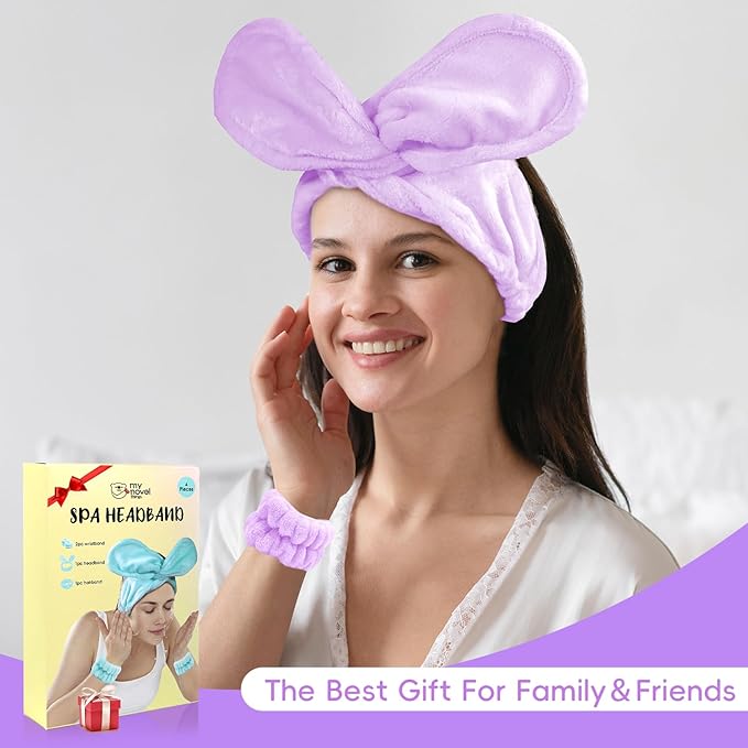 Face Wash Headband and Wristband Set Fashion Spa Headband, Coral Velvet Face Wash Set for Women, Adjustable Makeup Headbands Hair Band for Washing Face, Facial Skincare (Purple)