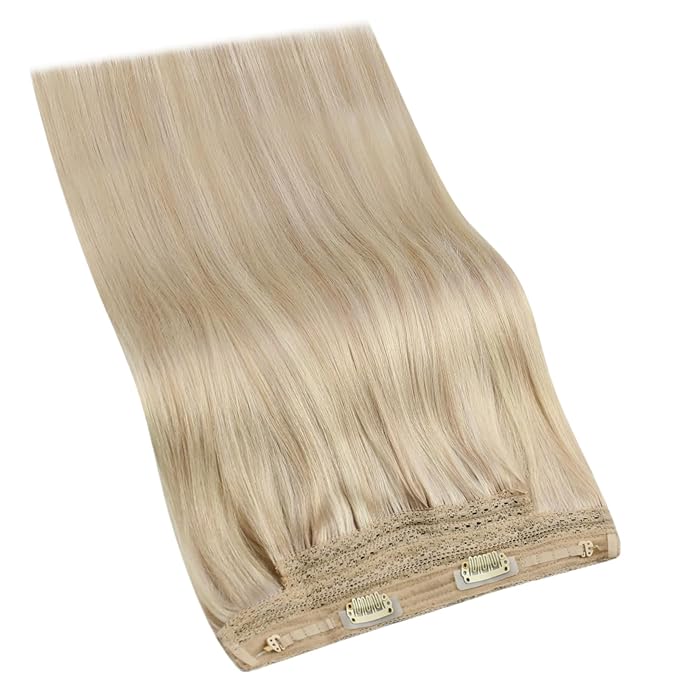 YoungSee Wire Hair Extensions Blonde Wire Hair Extensions Real Human Hair Ash Blond with Bleach Blonde Highlights Fish Line Hair Extension Real Human Hair for Women 14inch 80Gram