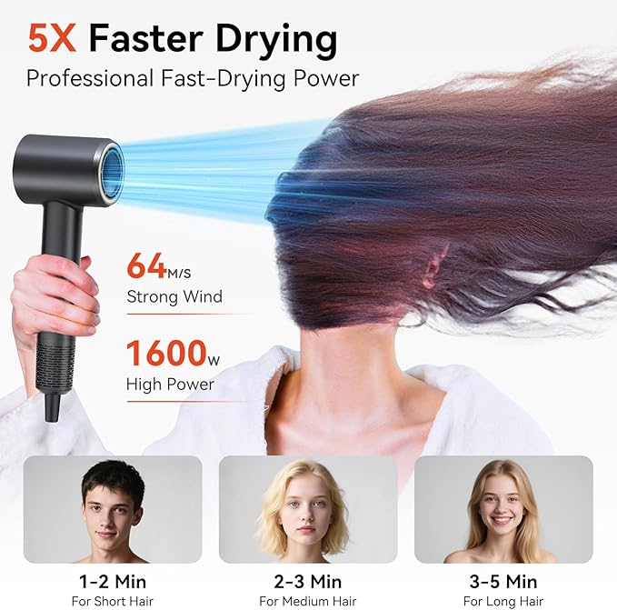 High Speed Hair Dryer - Ionic Hair Dryer with brushless Motor, Fast Drying, Low Noise, for Healthy Hair, with Magnetic Nozzle, Suitable for Home, Travel and Salon use (Black)
