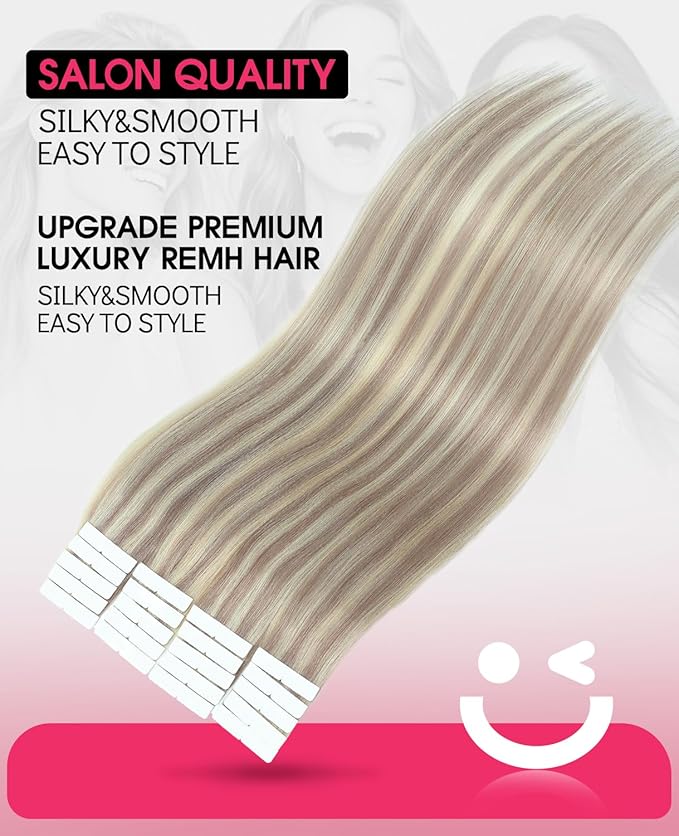 Youngsmile Injection Tape in Hair Extensions Human Hair #18P613 Ash Blonde with Bleach Blonde Real Human Hair 20pcs 45g 20 Inch Injected Tape in Hair Extensions Seamless Tape ins (#18P613,20'')