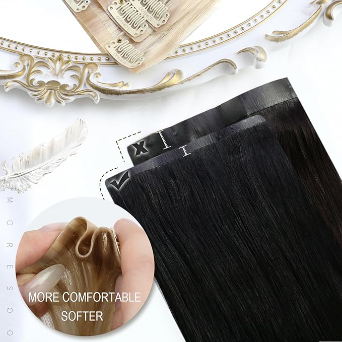Moresoo Seamless Clip in Hair Extensions Human Hair Black And Grey Silver Ombre Human Hair Extensions Clip ins Long for Women Pure Weft Invisible 120g/7pcs 22 inch