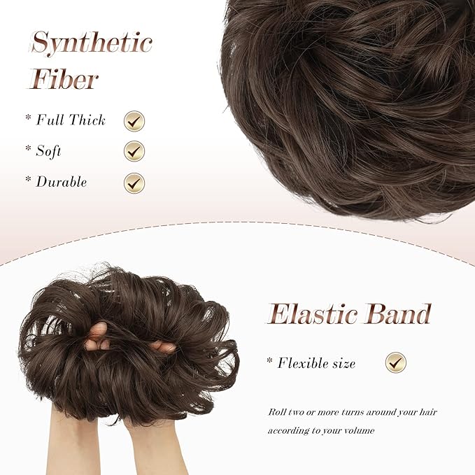 FESHFEN Messy Bun Hair Piece - Large Elastic Wavy Curly Hair Bun Scrunchies Ponytail Extensions Synthetic Chignon Hairpieces for Women, Medium Chestnut Brown 1.94oz