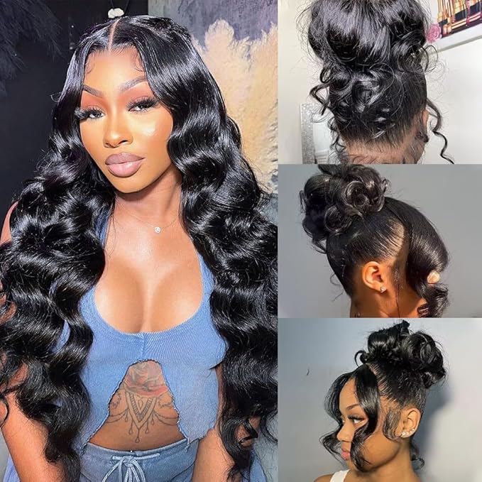 360 Lace Front Wigs Human Hair Body Wave 200% Density Upgraded Hidden Straps 360 HD Full Lace Wigs Human Hair With Drawstring Pre Plucked With Baby Hair for Women Natural Black 32 Inch