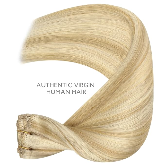 WENNALIFE Clip in Human Hair Extensions, 20 Inch 120g 7pcs Light Blonde Highlighted Golden Blonde Hair Extensions Clip In Human Hair Remy Real Human Hair Double Weft