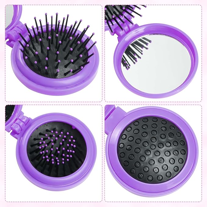 2pcs Folding Travel Mirror Hair Brushes Round Mirror Pocket Hair Brush Portable Mini Pop Up Hair Brushes for Women Girls Wet and Dry Hair (Purple, Black)