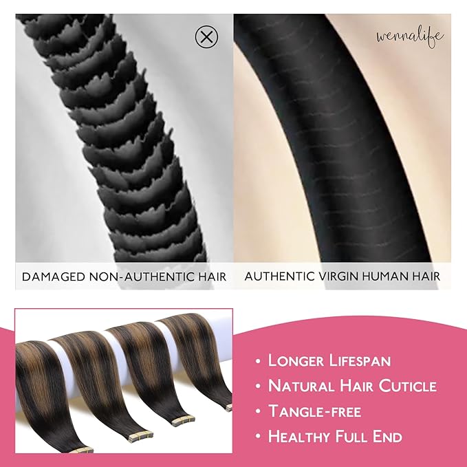 WENNALIFE Tape in Hair Extensions Human Hair Balayage Dark Brown Mixed Chestnut Brown Tape in Extensions, 10pcs 20g 12 inch Remy Invisible Tape Ins Straight Soft Real Human Hair Tape in Extensions