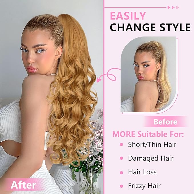 ALXNAN Ponytail Extension,24 Inch Claw Clip in Long Curly Wavy Light Orange Blonde Ponytail Hair Extension Jaw Clip on Pony Tails Hairpiece for Women